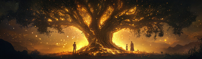 Fototapeta premium An ancient family tree where the roots glow with the memories of past generations, intertwining with the figures standing above. 