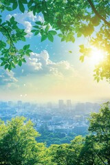 Sunrise over urban landscape city skyline nature photography lush greenery aerial view serenity and growth