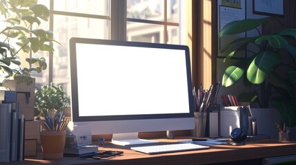 A computer with a white screen and office supplies are on a desk near a window in a 3D-rendered modern private office.