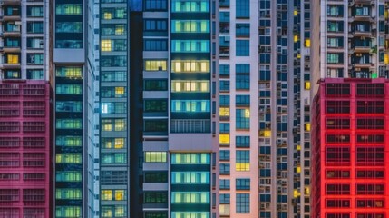 Fototapeta premium Close-up view of densely packed skyscrapers at twilight, showcasing various architectural styles and colorful facades with illuminated windows.