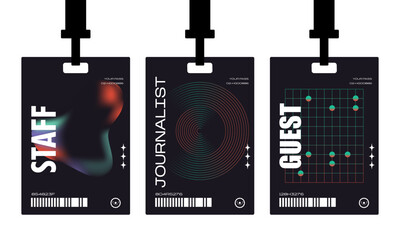 Plastic badges id card badges in a futuristic style. Journalist, guest, staff. Identification cards on a string, entrance ticket, pass