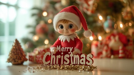 Elf on the Shelf arranging tiny holiday letters to spell Merry Christmas on a snowy tabletop