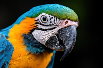 Obraz premium A striking close-up portrait of a vibrant macaw bird, showcasing its colorful plumage and unique features, epitomizing the beauty and diversity of avian wildlife.
