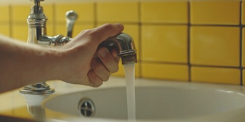 A plumber's hand tightening a faucet, with water flowing from the spout against a yellow tiled background