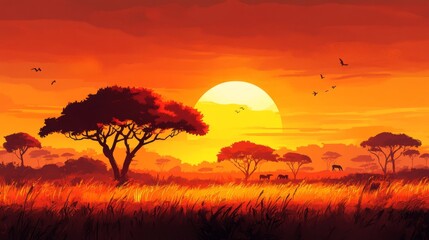 A Sunset Over the Savanna With Silhouetted Trees, Birds, and Animals