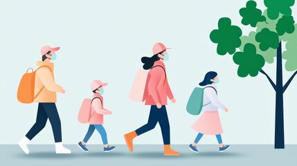 Fototapeta premium Family outing in masks urban park digital illustration socially distanced colorful view public health awareness