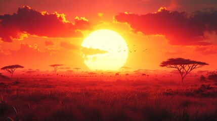 Fototapeta premium African Savanna Sunset with Silhouetted Trees and Animals
