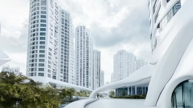 Future eco city. Sustainable architecture concept. Futuristic metropolis landscape, nature and development. Biophilic design and green technology. Cloud Dancer - Color of the year 2026