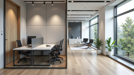 Fototapeta premium Modern office with sound-absorbing panels on walls.