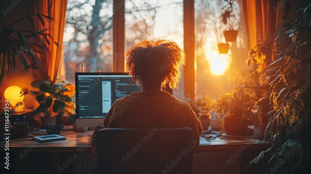Poster A person is focused on their computer screen at a desk, illuminated by warm sunlight as it sets outside, with plants adding a lively touch to the nurturing atmosphere.