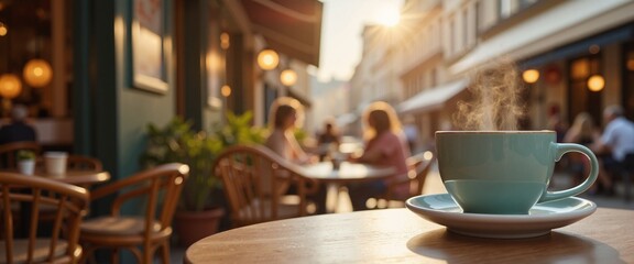 Fototapeta premium Steaming Coffee Cup in Cozy Cafe Atmosphere with Outdoor Seating