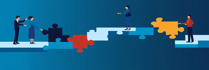 Fototapeta premium Businesspeople Holding Puzzles on Floating Platforms, Representing Teamwork, Strategy, and Problem-Solving 