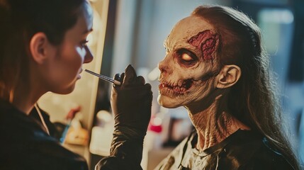 Fototapeta premium Zombie Makeup Artistry: A Masterful Transformation