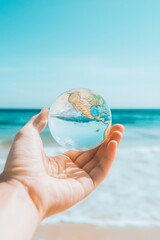 Sustainability concept hand-held globe on serene beach capturing nature's beauty and coastal protection