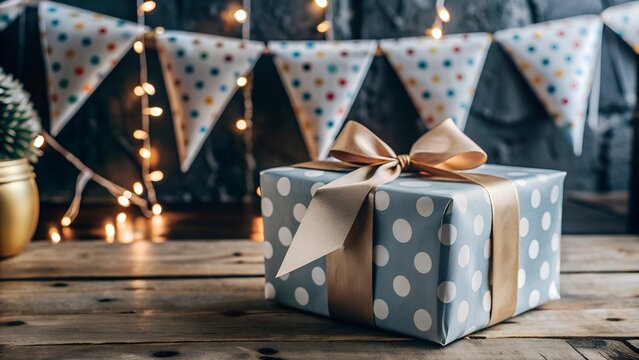 Gift box wrapped in polka dot paper with gold ribbon set against festive decorations and lights in a cozy indoor setting - Powered by Adobe