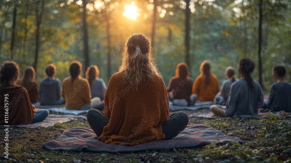 Poster a diverse group of people sits quietly on blankets in a lush forest, engaging in meditation as the s
