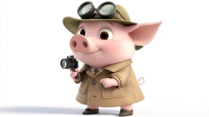 Fototapeta premium Cute cartoon pig dressed as a detective holding a camera with playful expression in a light background