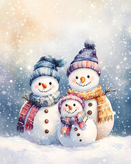 Fototapeta premium Three cheerful snowmen wearing colorful hats and scarves, surrounded by falling snow.