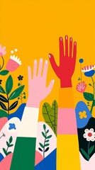 Fototapeta premium Vibrant hands raised in unity colorful garden digital illustration cheerful setting eye-level view community spirit