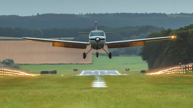 Small airplane landing on runway with lights at dusk