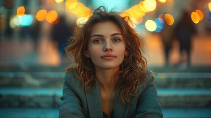 Fototapeta premium Young woman with curly hair sits on steps at night, city lights blurred in background.