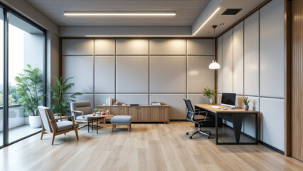 Acoustic panels on modern office walls, open floor plan with wooden flooring, contemporary furniture including desk and chairs.