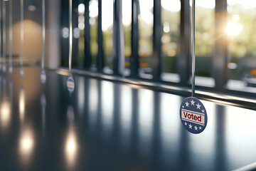 voting booth atmosphere, a voting booth captures the essence of democracy with a i voted sticker, while voters wait in line in the background