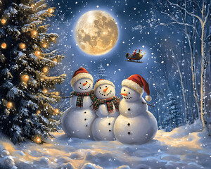 Obraz premium Three cheerful snowmen in festive attire stand in a snowy landscape at night.