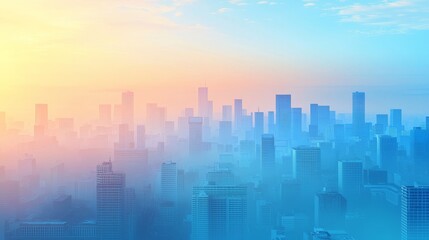 Obraz premium Urban skyline at sunrise cityscape digital artwork foggy atmosphere aerial view serenity and tranquility concept for relaxation