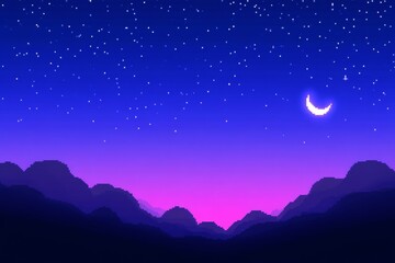 A computer generated image of a starry night sky with a crescent moon, pixel art 8 bit
