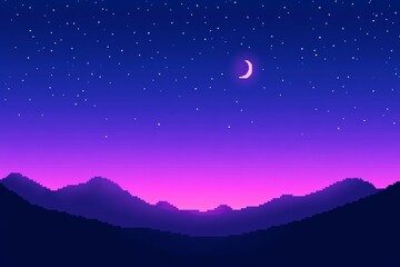 Naklejka premium A computer generated image of a purple sky with a large moon, pixel art 8 bit