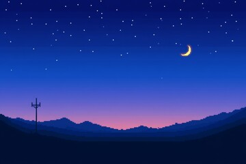 Naklejka premium A computer generated image of a starry night sky with a crescent moon, pixel art 8 bit