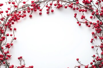 Naklejka premium Delicate red berries create a festive wreath framing a blank canvas, inviting creativity and warmth during the holiday season
