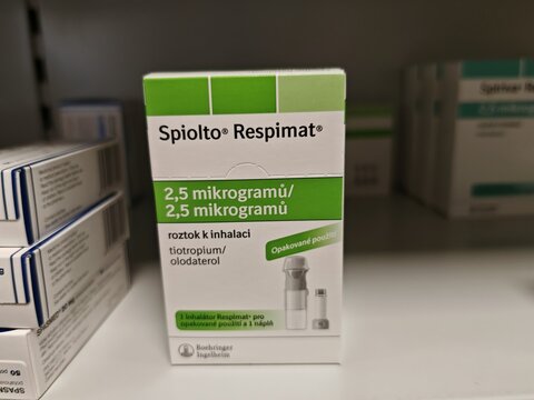 Prague,Czech republic-January 8 2024: box of SPIOLTO RESPIMAT asthma inhaler Czech medication with tiotropium,olodaterolum active substance made by BOEHRINGER INGELHEIM pharmaceutical company	
