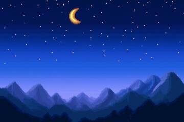 A computer generated image of a starry night sky with a large moon in the center, pixel art 8 bit