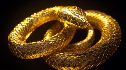 Obraz premium A golden snake, made of metal, with its head raised upwards.