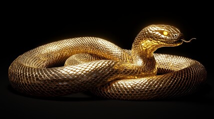 Obraz premium A golden snake, made of metal, with its head raised upwards.