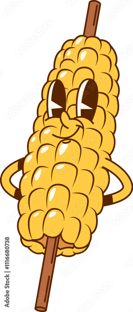 Poster cartoon groovy corn on a skewer fast food character. isolated vector cheerful maize cob vegetable re