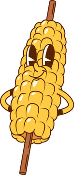 Naklejki Cartoon groovy corn on a skewer fast food character. Isolated vector cheerful maize cob vegetable retro personage with ripe kernels and joyful face expression, ready for barbecue party or party outing