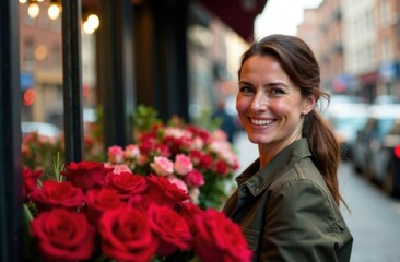 Female florist in front of the flower shop with bouquet red rose.