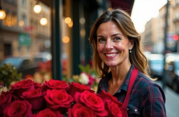 Portrait confident female florist with bouquet red rose in front of the flower shop.