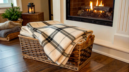 Fototapeta premium A woven basket with plaid blankets in front of a fireplace with a glowing fire, creating a cozy atmosphere in the interior.