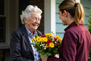 Elderly woman having beautiful bouquet delivered on the porch of a house. Gray haired woman happy and grateful.
