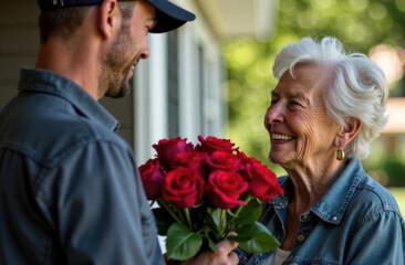 Courier delivering beautiful bouquet of red roses elderly woman. Gray haired woman happy and grateful.