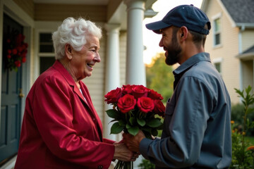 Elderly woman accepting a beautiful bouquet of red roses from a courier on the porch of a house. Gray haired woman happy and grateful.