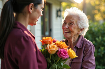 Elderly woman accepting beautiful bouquet delivered. Gray haired woman happy and grateful.