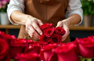 A professional florist creates an original composition of red rose.