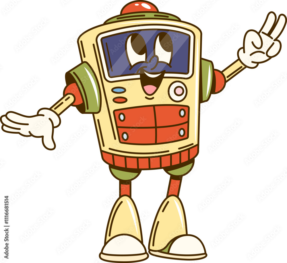 Aufkleber cartoon groovy robot character with futuristic appearance showing peace sign with it hand. isolated 