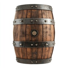 Fototapeta premium Rustic Wooden Barrel with Metal Bands Isolated on White Background for Vintage and Industrial Design Concepts