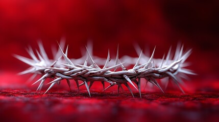 A simple, white, circular crown of thorns on a plain red background.